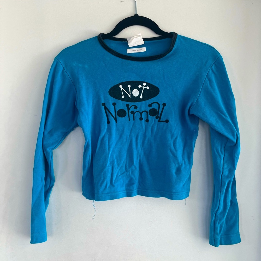 Blue Y2K “not normal” ringer baby tee top